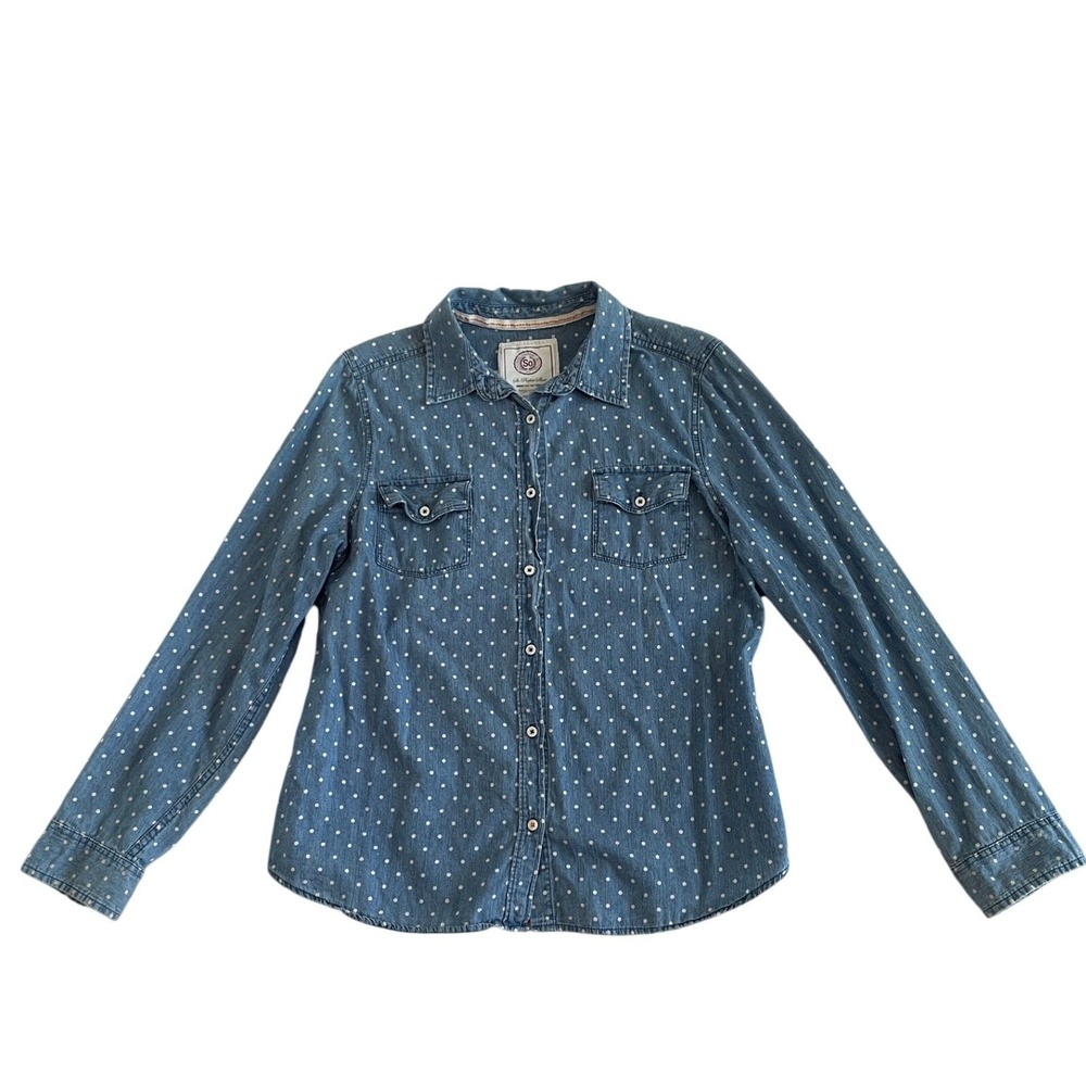 SO The Perfect Shirt Womens Medium Blue Polka Dot Denim Button Down Long Sleeve